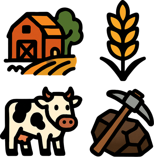 My farm, wheat, cow, ore, pickaxe. Starting screen style.
In-Game asset.  2d.  High contrast.  No shadows