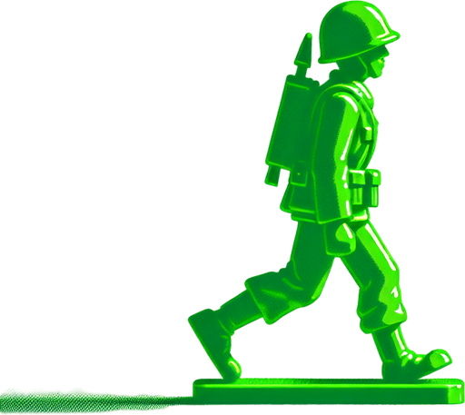 Profil view of a little green soldier toy, walking. no background . no floor. In-Game asset. 2d. Blank background. High contrast. No shadows.