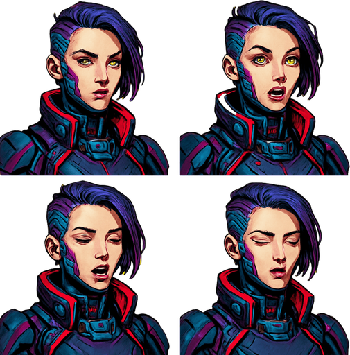 Cyberpunk high commander women looking to the camera with eyes by side, the half upper part of it only not all body, different frames, Opened eyes closed mouth, Opened eyes opened mouth, talking closed eyes opened mouth, Closed eyes closed mouth, each frame in one image. background yellow. paint it professionally with all details.
In-Game asset.  2d.  High contrast.  No shadows