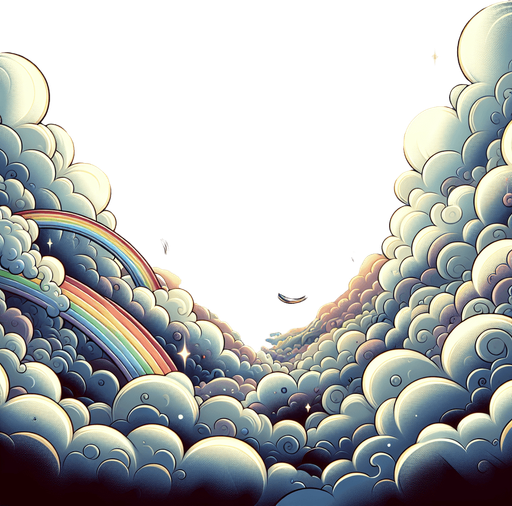 epic landscape intro in the clouds. cartoon 2d style. It has the title: "Saint Karma"