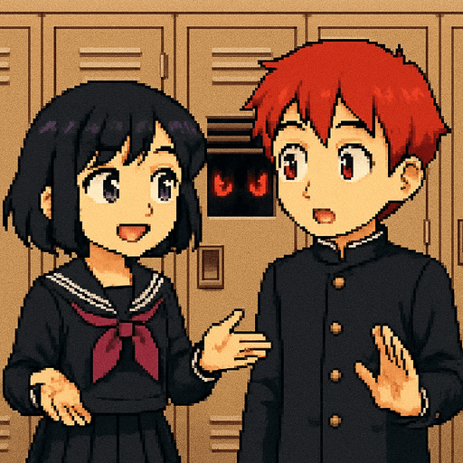 Pixel art illustration. A 15-year-old anime-style boy and girl in Japanese school uniforms are talking while gesturing with their hands. Very close to them is a row of lockers. In the one at the center, a pair of glowing red eyes peer through the slats. They belong to a yandere—obsessed, crazy, and jealous—whose face and body remain hidden in the darkness inside the locker.