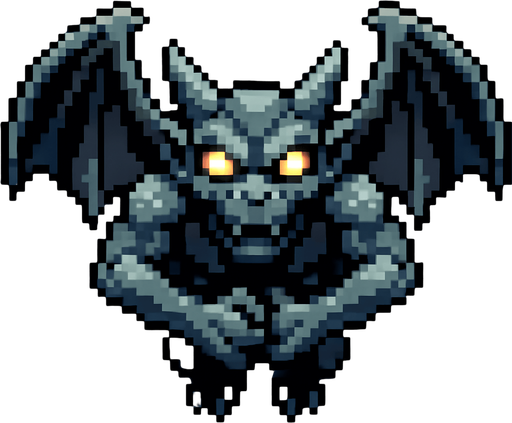 um gárgula voador com olhos brilhantes, pixel 32bits art style, vista aerea frontal.
In-Game asset.  2d.  High contrast.  No shadows
