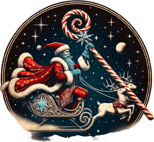 a pergament of a Santa Clause on his sledge with reindeers in the sky. He holds a scepter of candy cane. There is the text: "Click on Santa for a short duration to use the KeeperMode."