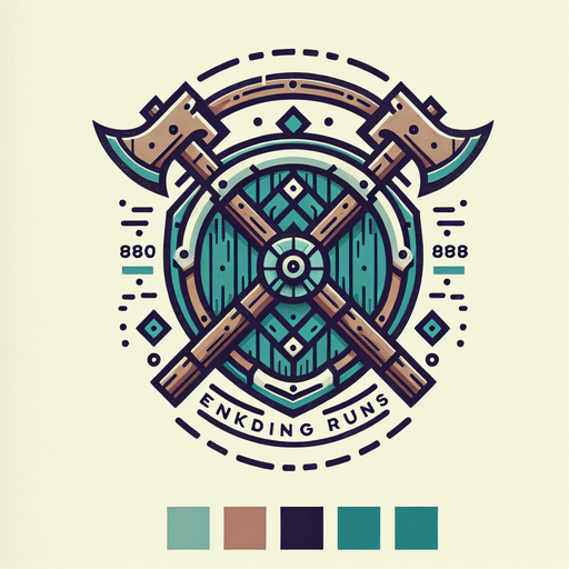 A game logo for a game called 'Endless Viking Run' using norse font on a background of a viking shield and crossed axes. Muted colors..
Single Game Texture. In-Game asset. 2d. Blank background. High contrast. No shadows.