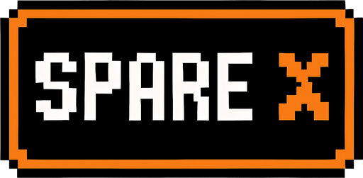 Black button with an orange outline that says "Spare" and has a X icon, pixel art.
In-Game asset.  2d.  High contrast.  No shadows