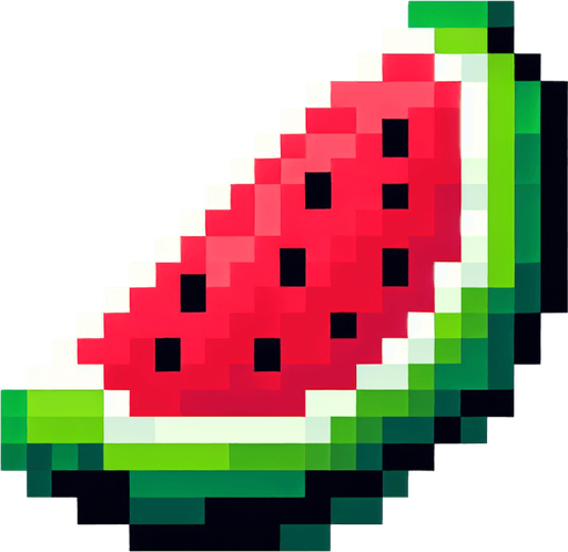 8 bit watermelon slice no shadows.
Single Game Texture. In-Game asset. 2d. Blank background. High contrast. No shadows.