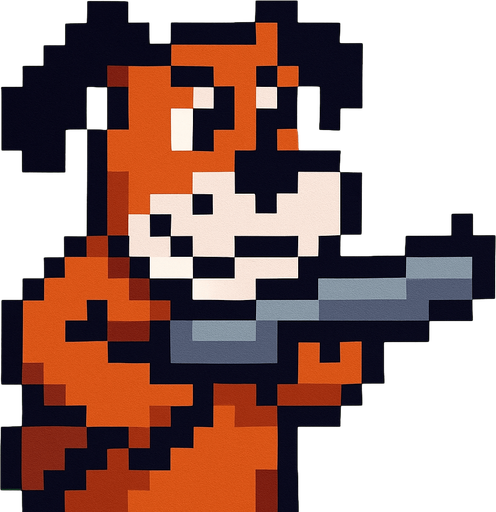 pixart hunting brown dog with black ears and white mouth holding a gun.
In-Game asset.  2d.  High contrast.  No shadows