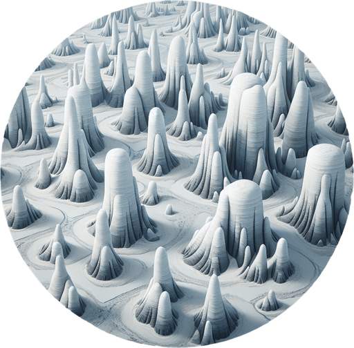 Arctic pingos.
Single Game Texture. In-Game asset. 2d. Blank background. High contrast. No shadows.