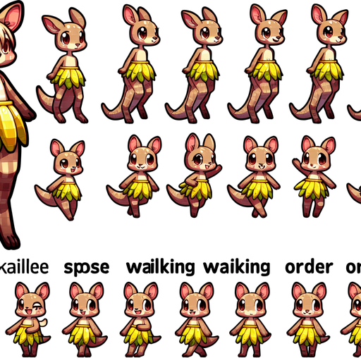 A spritesheet with a number of poses of an happy little female kangaroo in a banana skirt, smiling, walking, waiting, standing, ordering, turning, etc. all seen from the side.The spritesheet should be laid out in a rectangular grid with clear space between each individual sprite. Each sprite in the sheet should be around 300x600 pixels in size..
Single Game Texture. In-Game asset. 2d. Blank background. High contrast. No shadows.