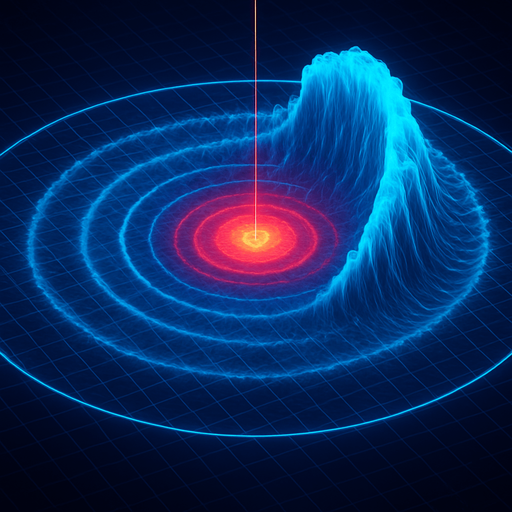 Growing expanding outward Overhead digital simulation hologram of oceanic meteor impact tsunami wave shockwave radius circle outward crashing neon cyberpunk 3d diagram
