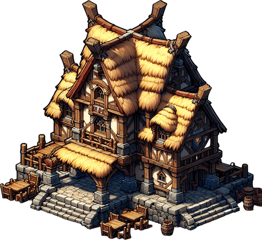 An Inn in a RTS fantasy style Single Game Texture. In-Game asset. 2d. Blank background. High contrast. No shadows.