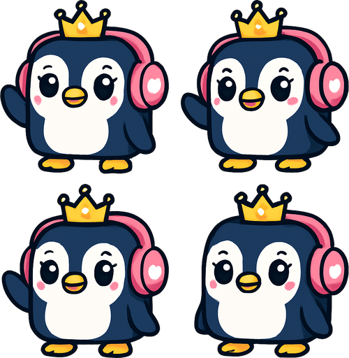 Create a 2D character sprite sheet, arranged in a 2x2 grid. The subject is an adorable, girly, cubical Penguin Princess. She wears a small, cute sparkling crown. Her oversized pink headphones have a small white heart decal on each ear cup. She has large, expressive eyes and a sweet smile. The style is clean vector art with simple cel shading, on a plain white background. The 4-frame animation is a side-to-side wave.
Frame 1: The character raises her flipper to head height, hand held straight.
Frame 2: The flipper, still at head height, pivots to the left.
Frame 3: The flipper, still at head height, pivots to the right.
Frame 4: The character begins to lower her flipper from head height..
In-Game asset.  2d.  High contrast.  No shadows