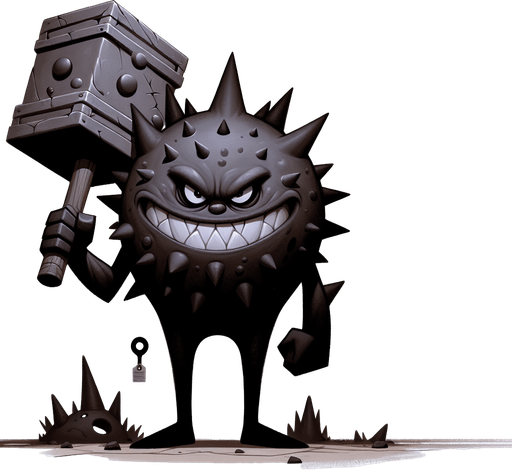 Design a menacing yet comical antagonist for a self-discovery game. The character is a spiky, shadowy creature with exaggerated features, including a wide, toothy frown, sharp ears, and furrowed, judgmental eyes. Its body is round and covered in spines, symbolizing its role as an inner critic or source of resistance. The character wields a massive hammer, emphasizing its destructive tendencies and its aim to obstruct the hero’s progress. It has a dark, moody aesthetic with shades of gray and black, creating an ominous presence. Despite its intimidating look, there’s a hint of over-the-top, cartoonish humor, making it memorable and slightly less threatening. This character embodies doubt, fear, and judgment, constantly challenging the hero while maintaining an entertaining, animated style..
In-Game asset. 3d. Blank background. High contrast. No shadows.