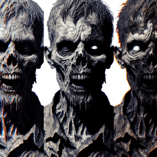 A scary zombie.
Single Game Texture.  In-Game asset.  2d.  Blank background.  High contrast.  No shadows