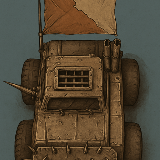 It will be in the style of a Mad Max truck and will have a top view. There will be a thorn plate in the front and the back will be smoother.