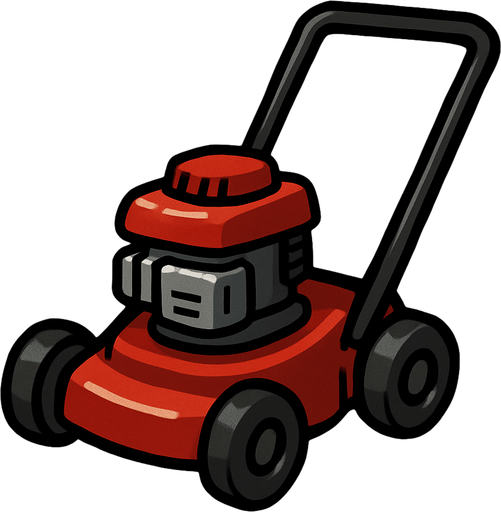 Una podadora de césped compacta y robusta, predominantemente de color rojo vibrante. Tiene un motor gris con una tapa roja en la parte superior. Cuenta con cuatro ruedas pequeñas y oscuras, y un mango largo y negro en forma de "U" invertida que se extiende hacia atrás..
In-Game asset.  2d.  High contrast.  No shadows