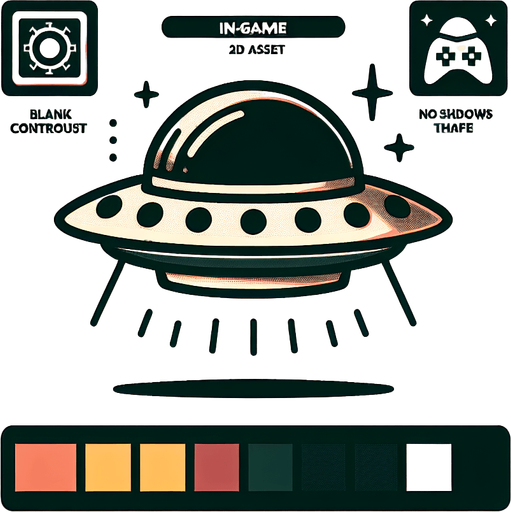 game flying saucer.
Single Game Texture.  In-Game asset.  2d.  Blank background.  High contrast.  No shadows
