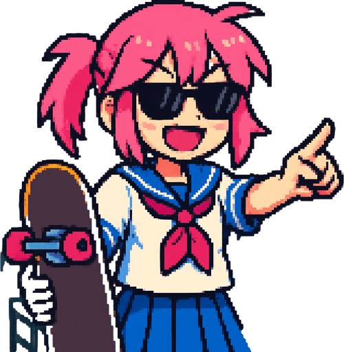 She’s a cute anime girl with a free-spirited and rebellious vibe. Her hair is pink, and she’s wearing a traditional Japanese school uniform (sailor fuku). She sports dark sunglasses and holds a skateboard in one hand while pointing with the other. Her face lights up with a big smile and mischievous pink eyes that match her hair. In the background, there's a Japanese classroom, and the entire artwork is done in Pixel Art style..
In-Game asset.  2d.  High contrast.  No shadows