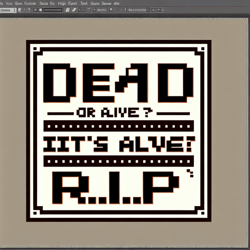 8-bit text. to be used in game. inside light brown boxes. Should read: 
Dead or Alive? 
It's Alive! 
R.I.P.! Single Game Texture. In-Game asset. 2d. Blank background. High contrast. No shadows.