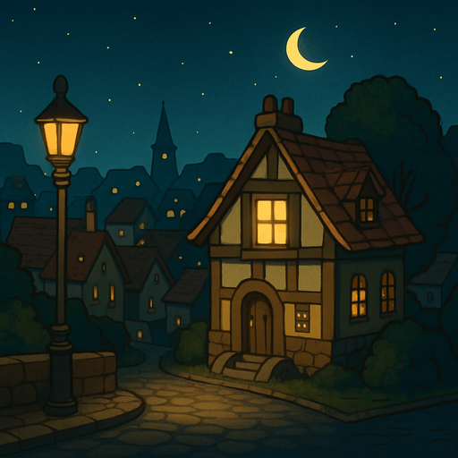 Create a detailed visual description or conceptual overview of a town at nighttime, featuring a house with a light on. The style should emulate the aesthetic and atmosphere typical of the Professor Layton game series, characterized by a charming, slightly whimsical, and puzzle-adventure ambiance with warm, inviting lighting and intricate, storybook-like details.

# Steps

1. Begin by envisioning a quaint town at night, with subdued lighting and a peaceful, mysterious aura.
2. Highlight a single house with a light on in a window, symbolizing activity or a story element.
3. Incorporate elements characteristic of the Professor Layton style: warm color palettes, soft glows, gently stylized architecture, and intricate details reminiscent of handcrafted illustrations.
4. Emphasize atmosphere — combine tranquility with a hint of intrigue suitable for an adventure puzzle setting.
5. Optionally, include natural elements like trees or lampposts that match the game's stylistic choices..
In-Game asset.  2d.  High contrast.  No shadows
