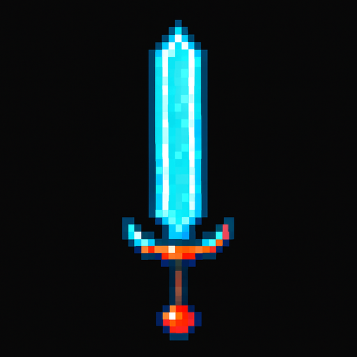 Diseña una espada estilo pixel art, sencilla pero llamativa. Debe ser fácil de animar o colocar junto a un personaje. El mango debe ser corto y simple, y la hoja puede ser recta o con un brillo digital. Usa colores llamativos como azul neón, rojo fuego o plateado con detalles pixelados. El diseño debe parecer futurista o mágico, como si fuera un arma especial de un guerrero digital..
In-Game asset.  2d.  High contrast.  No shadows