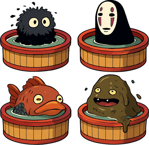 Japanese circle bath have different stink spirits from movie "spirited away". each one per bath. HD colors.
In-Game asset.  2d.  High contrast.  No shadows