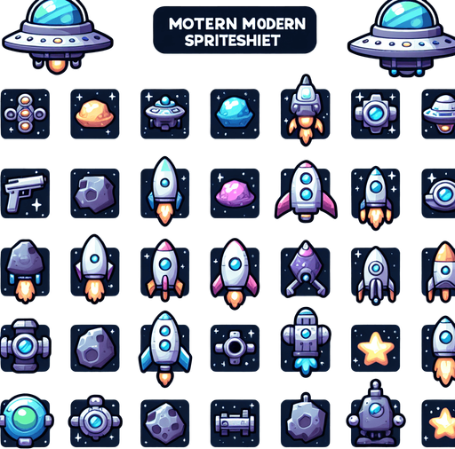 Spritesheet, modern, mobile game, cute, fun.
Including spaceships, UFOs, Guns, Boosters, Powerups, Asteroids..
In-Game asset. 2d. Blank background. High contrast. No shadows.