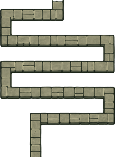 A top-down orthographic view of a TD map. The focus is a single, continuous stone-paved path. This path is a long, serpentine line that twists and turns across the map in a strict grid pattern with sharp 90-degree angles. Crucially, the path never forks, branches, or intersects with itself; it is one unbroken line from start to finish. It enters at the top-center edge and exits at the bottom-center edge. The buildable areas next to the path are wide, flat, and empty grass. All decorative clutter, like mossy ruins and ancient trees, is kept exclusively on the outer perimeter of the map. Stylized and hand-painted. --no towers, no characters, no buildings, no crossroads, no forks.
In-Game asset.  2d.  High contrast.  No shadows