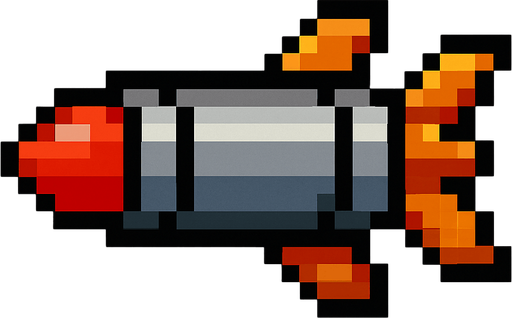 a 2d pixel art missile.
In-Game asset.  2d.  High contrast.  No shadows