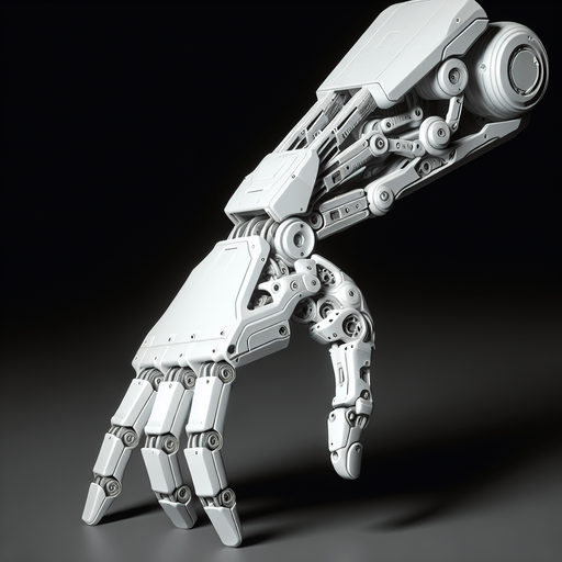a  futuristic white robot arm. horizontal direction. the index finger pointing to the left. Single Game Texture. No background. High contrast. No shadows.