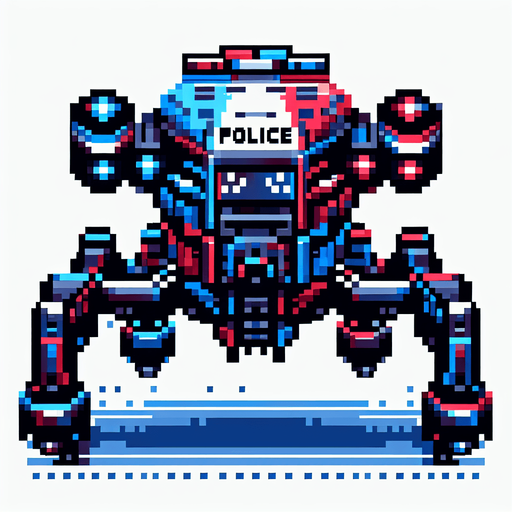 8 bit front image blue red scifi police drone.
Single Game Texture.  In-Game asset.  2d.  Blank background.  High contrast.  No shadows