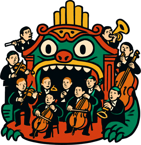 Orquesta de una Sala de Conciertos Viviente.
In-Game asset.  2d.  High contrast.  No shadows