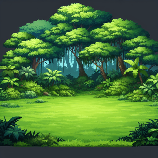 It's a 2D planar background. It's a jungle with green grass growing all over the ground and thick forests surrounding it..
Single Game Texture. In-Game asset. 2d. Blank background. High contrast. No shadows.
