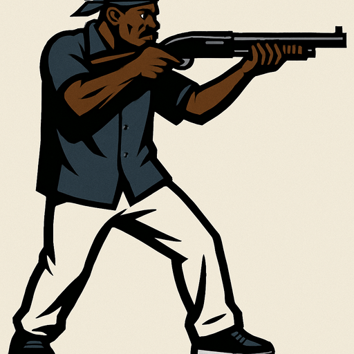 un pandillero negro con camisa azul oscuro y pantalon blanco usando una escopeta con la perspectiva lateral de cuerpo completo.
In-Game asset.  2d.  High contrast.  No shadows