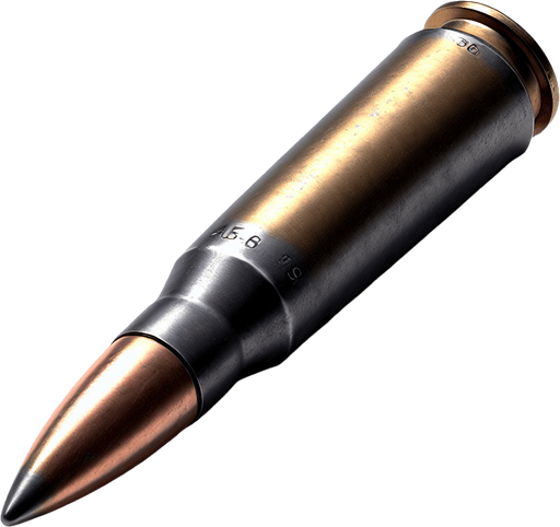 create bullet from ak-56.
Single Game Texture.  In-Game asset.  2d.  Blank background.  High contrast.  No shadows