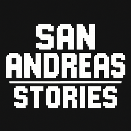 letras que dicen san andreas stories blancas hechas con pixeles.
In-Game asset.  2d.  High contrast.  No shadows
