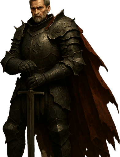 A weathered and noble medieval knight clad in dark iron armor engraved with thorns and lion insignias. Male, 52 years old, tall and broad-shouldered, with greying brown hair cut short, deep-set hazel eyes, and a strong jawline covered in stubble. A long, tattered crimson cape flows behind him. His armor is dented from countless battles. He stands in a ruined stone courtyard at dusk, gripping a massive longsword planted in the ground. Realistic, highly detailed, cinematic lighting. realistic.
In-Game asset.  2d.  High contrast.  No shadows