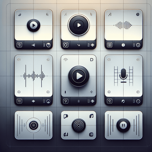 A clean and minimalistic interface for a voice recorder app, featuring a 2x2 grid layout. Each grid square represents a recording file, displayed as large, distinct tiles. Each tile includes a simple circular play button in the center, with a subtle waveform icon or progress bar beneath it to represent the audio. The background is a soft gradient of light grey to white, ensuring clarity and focus on the files. The design is modern and functional, with smooth edges and a clean UI aesthetic for a professional and user-friendly experience..
Single Game Texture. In-Game asset. 2d. Blank background. High contrast. No shadows.