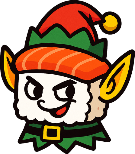 Un sushi con cara traviesa y con aspecto de elfo navideño.
In-Game asset.  2d.  High contrast.  No shadows
