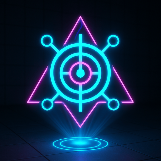 3d hologram neon cyberpunk sigil bullseye symbol magick sacred geometry corporate, logo projection flat symmetrical