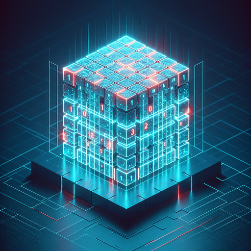Create an isometric 3D holographic cube resembling a Rubik's cube. The cube should display the top face and two adjacent side faces, each divided into a 3x3 grid of cells. Each cell must contain either a '1' or a '0' in a glowing cyan-blue monospace font, clearly visible on all three visible faces. A few specific cells across the cube should stand out with their binary digits ('1' or '0') highlighted in bright red. The entire cube should have a holographic look, with glowing gridlines separating the cells and a subtle flicker effect. Ensure the cube appears suspended in mid-air, projecting from a base below, with soft lighting and a sci-fi ambiance..
Single Game Texture. In-Game asset. 2d. Blank background. High contrast. No shadows.