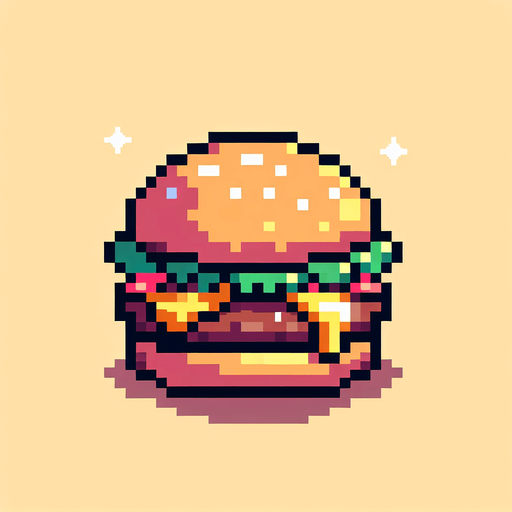 8 bit anime image delecious burger.
Single Game Texture.  In-Game asset.  2d.  Blank background.  High contrast.  No shadows