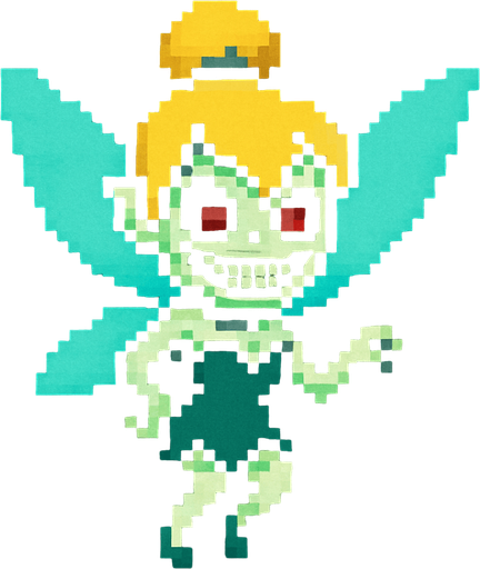 scary cute little fairy tinker bell 2d pixel art.
In-Game asset.  2d.  High contrast.  No shadows