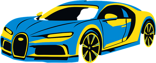 Bugatti veyron but 2025 model and blue and yellow.
In-Game asset.  2d.  High contrast.  No shadows