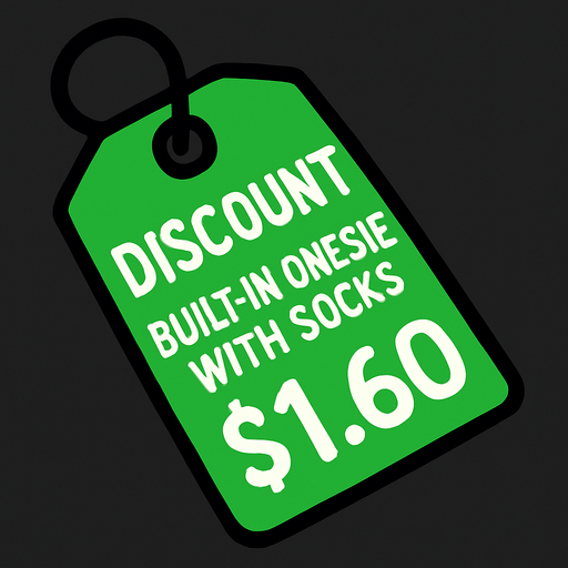 Green pricetag that says discount built in onesie with socks $1.60.
In-Game asset.  2d.  High contrast.  No shadows