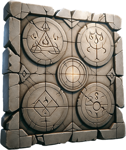 a cracked stone tablet or ancient scroll depicting elemental symbols with a subtle glow..
Single Game Texture.  In-Game asset.  2d.  Blank background.  High contrast.  No shadows
