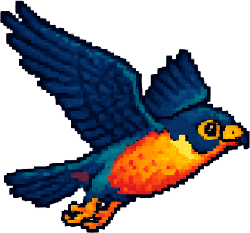 Fastest flaying bird ( Piksel art). Cute. Colorful 
In-Game asset.  2d.  High contrast.