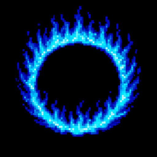 A blue ring of nuclear fire seen from overhead.
Single Game Texture. In-Game asset. 2d. Blank background. High contrast. No shadows. pixel art