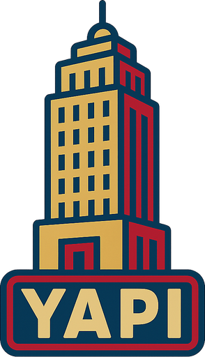 Create a big skyscraper. Make it yellow, red and navy blue. Write "YAPI" underneath. Make it retro themed. No background. Transparent background. Blank background. No shadows. 2d. In-Game asset. flat