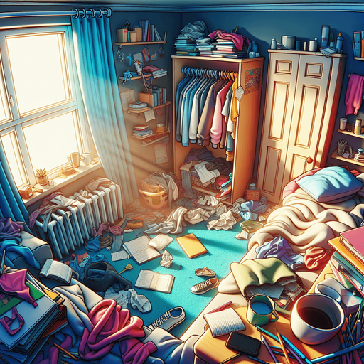 dağınık bir yatak odası, odanın içinden görünüm 3d renkli, çizgi film